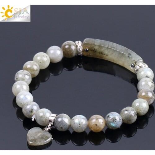 CSJA Genuine 8MM Labradorite Bracelets Love Heart Natural Stone Round Crystal Spectrolite Bead Bracelet on Hand Protection F103
