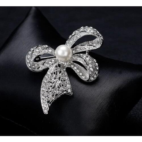 Simulated Pearl & Crystal Bow Silver-color Brooch Pins Jewelry High Quality Brooches for Women Clothes