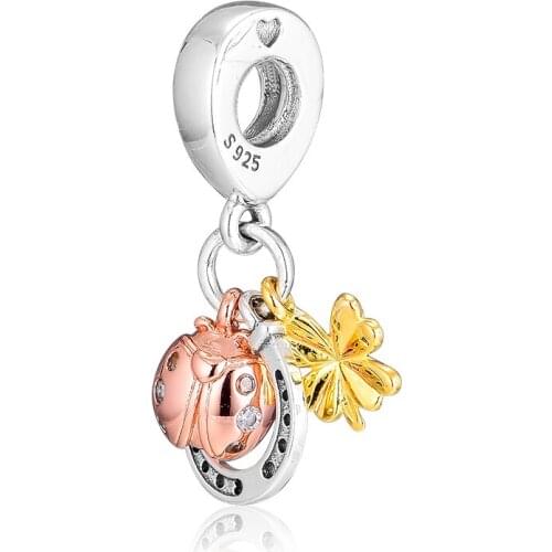 CKK Silver 925 Jewelry Fits Pandora Bracelets Mixed Metal Horseshoe, Clover and Ladybird Hanging Charm Original Beads