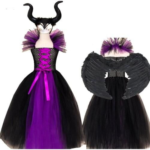 Kids evil queen girl halloween fancy dress tutu dress cosplay costume children baptism dress up black dress villain clothes