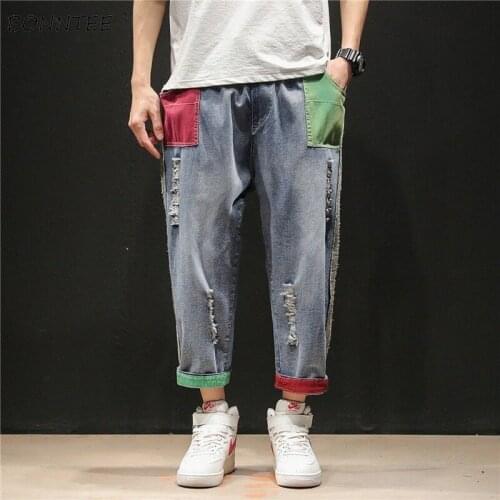 Jeans Men Patchwork Panelled Trendy Holes Retro Loose Cargo Mens Straight Trousers Leisure Ankle-length Chic Streetwear