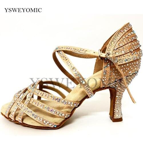 Elegance Latin Salsa Dance Shoes Flesh Khaki Satin Rhinestones Customized Heel 7cm Indoor Outdoor Women Latin Ballroom Shoes