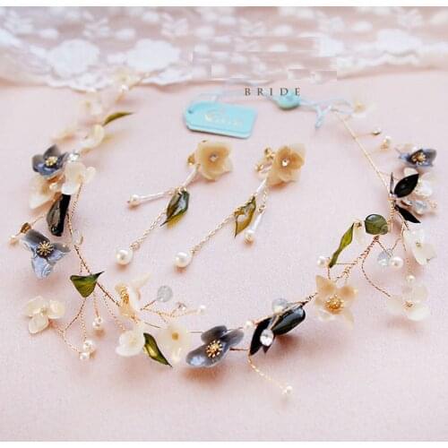 Elegant Forest Style Glaze Leaves Wedding Hairband Earrings Jewelry Set Unique Design Glamour Fashion Rhinestone Pearl, E-51-22