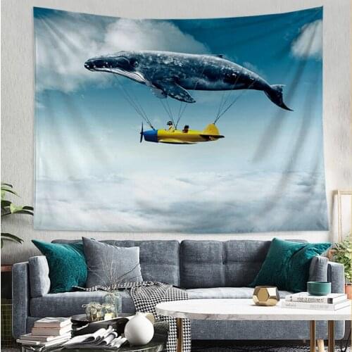 Whale Tapestry Dream Planet Tapestry Art Airship Over Cloudscape Wide Wall Hanging For Bedroom Livingroom Dorm 90" X 70" Blue