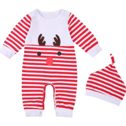 2Pcs Baby Christmas Romper Outfits, Cartoon Deer Pattern Stripes O-Neck Long-Sleeves Jumpsuit + Hat Suit for Toddlers, Girls