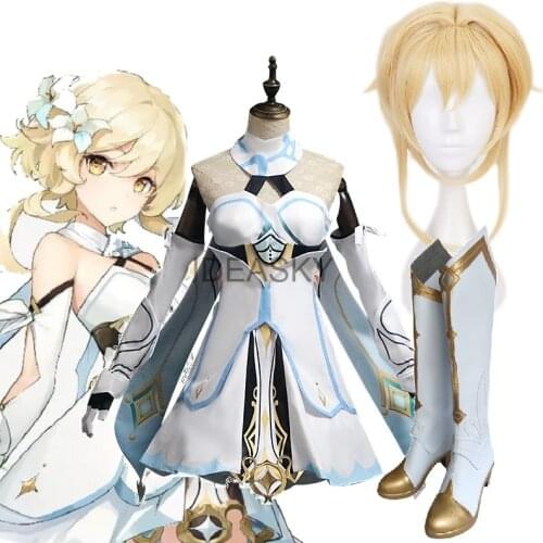 Game Genshin Impact ying Traveler Lumine Cosplay Costume Original Version Uniform Halloween Women Costumes wig shoes boots dress