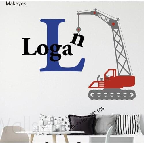 Makeyes Custom Boys Name Wall Stickers Initial Big Letter Wall Decal Trucks Construction Wallpaper Kids Children Baby Decor Q664