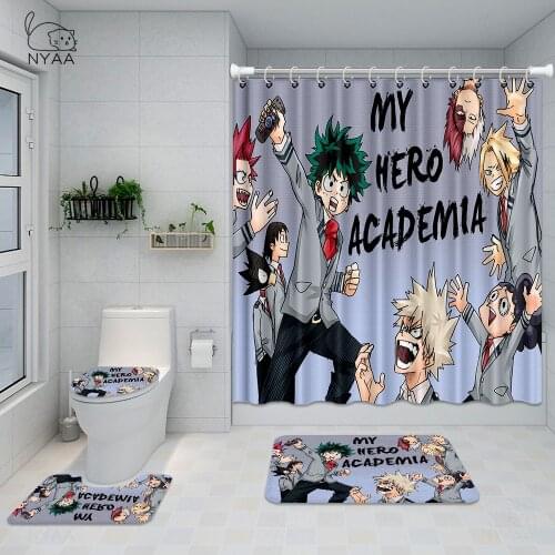 NYAA 4pcs Bathroom Shower Curtain My Hero Academy Anime Waterproof Bath Curtain Set Toilet Cover Mat Non-Slip Bathroom Rug Set