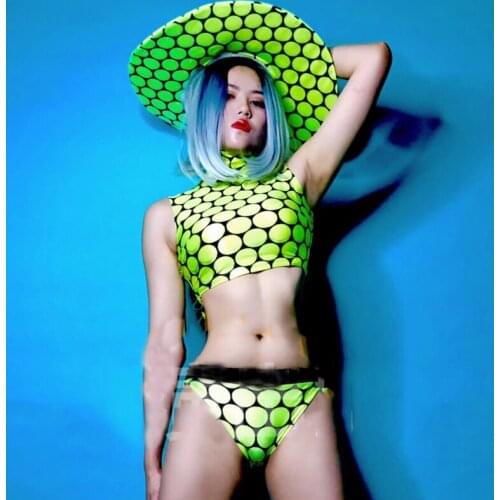 New Pole Dancing Clothes Festival Clothing Rave Outfit Women Nightclub Bar Green Vest Shorts Big Hat Stage Costume XS2557