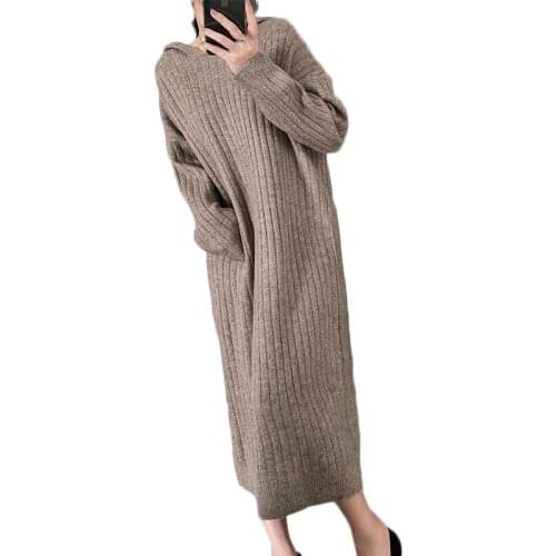 Autumn and Winter Thick Mid-length Hooded Knitted Dress Women Long-sleeve Sweater Dress Bottoming Wild Dress NS2714