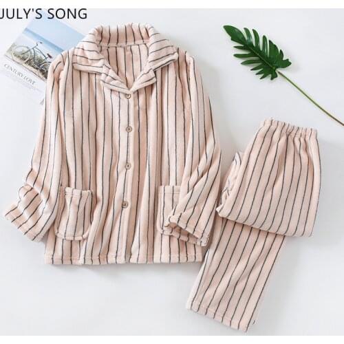 JULYS SONG Thick Flannel Couple Striped Pajamas Set 2 Pieces Thick Winter Female Male Coral Fleece Lapel Simple Warm Sleepwear