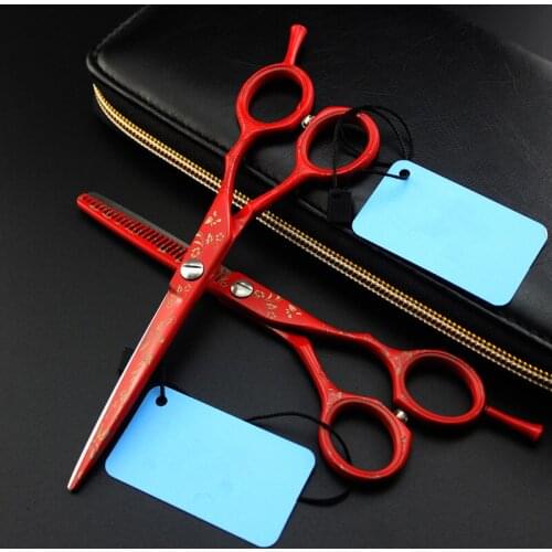 Professional japan 440c 6 inch red hair scissors set cutting barber makas haircut scissor thinning shears hairdressing scissors