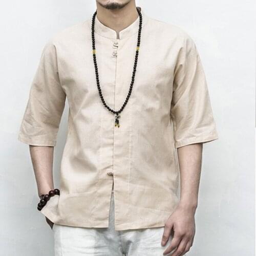 Summer Male Solid Color Short Sleeve Shirt Chinese Style Cotton Linen Button Coat Mens Large Size Casual Clothes