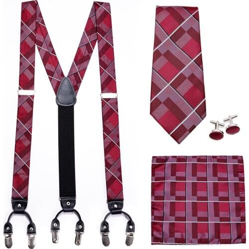 Shirt Suspenders Red Geometric Silk Tie Set Leather Western-style Trousers Men Braces Adjustable 6 Clips Suspenders Barry.Wang