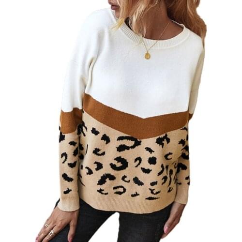 Women Autumn Winter Leopard Knitted Sweater Casual Long Sleeve Pullover Tunic F42F