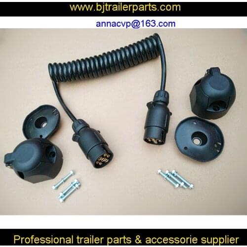 Towing trailer curly cable, spiral cable, coiled cable, 3m, 7 pin 12V plastic trailer plugs and 2 pieces sockets, trailer parts