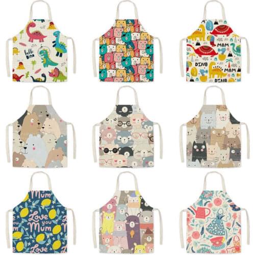 Linen Fabric Cartoon Waterproof Apron Oil-proof Waist Waist Parent-child Kitchen Adult Sleeveless Halter Apron Customization