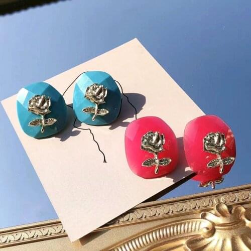 Japanese and Korean rose alloy resin geometric girl spring and summer color pattern silver pin Earrings