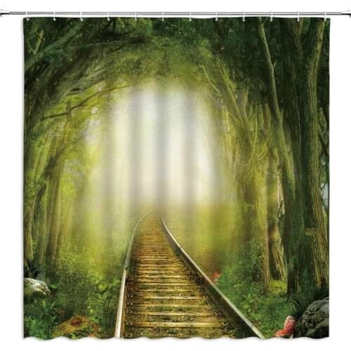 Fantasy Forest Scenery Shower Curtains Train Tracks Tree Green Plant Mushroom Pattern Bathroom Decor Cloth Hanging Curtain Set