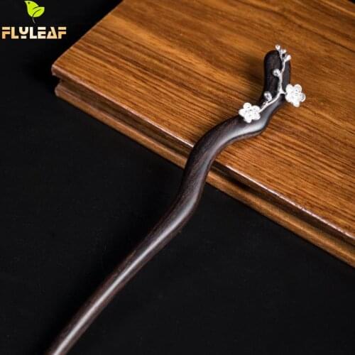 Flyleaf 925 Sterling Silver Wavy Plum Wooden Hairpin For Women Handmade China Vintage Style Lady Hair Jewelry Flyleaf