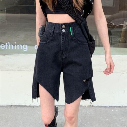 Casual Summer Half Hole Denim Shorts for Women High Waist Loose Pockets Female Straight Jeans Shorts 2021 Ladies Streetwear