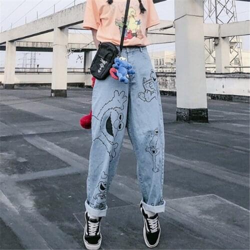 Printed Cartoon Pant Jeans Women Spring Summer Korean Version Of High Waist Loose Button Zipper Street Straight Denim Trousers