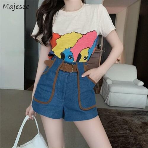 Sets Women Print T-shirts Fashion Summer Hepburn High Waist Denim Shorts Sashes Short Sleeve Mujer Design Streetwear All-match