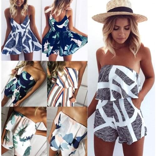 2021 New Digital Printing Spring And Summer Hot Sale Tube Top V-neckline Neck Ruffle Stripe Print Loose Jumpsuit Suspender Skirt