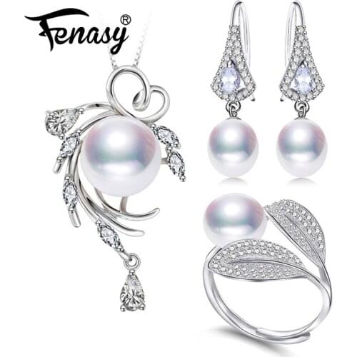 FENASY 925 Sterling Silver Pendant Necklace Natural Pearl Jewelry Sets For Women Classic Stud Earrings Fashion Party Rings
