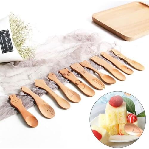 1PC Cartoon Animal Wooden Mini Spoon Hippo Duck Whale Kitchen Eco-friendly Baby Children Kids Cream Spoons Tableware