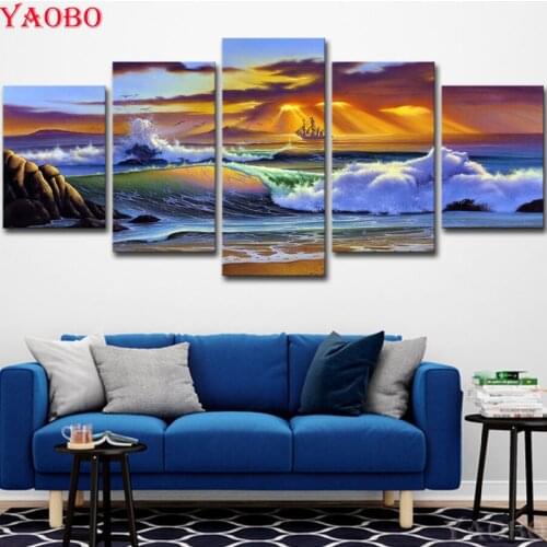 5D Diy Diamond Painting Cross Stitch Sea Sunset Landscape Diamond Embroidery Full Square Resin Rhinestones Mosaic decor 5pcs/set