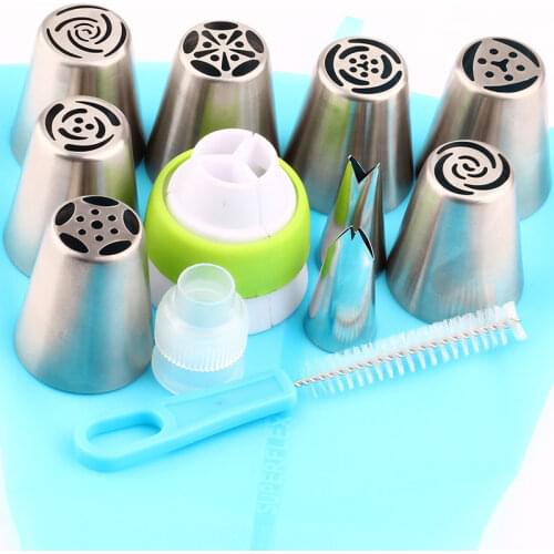 9Pcs Russian Pastry Tip Icing Piping Stainles Steel Nozzle cake Decaretion Tool Set And 1Pcs Nozzles Bag 1Pcs Brush 2Pcs Coupler