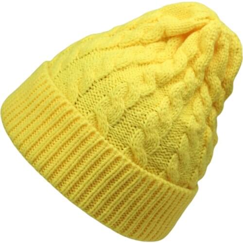 Acrylic Solid Cable Knit Beanies Blank Hats for Women Yellow Hot Pink Purple