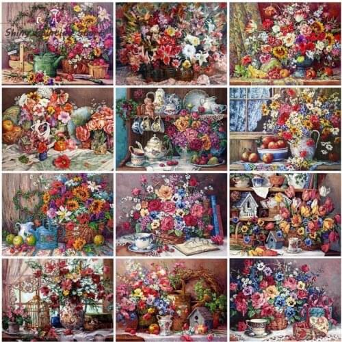 Diamond Embroidery Flower Diamond Painting Pastoral Style Oil Painting Flower Vase Picture Full Square Round Diamond Cross Stitc