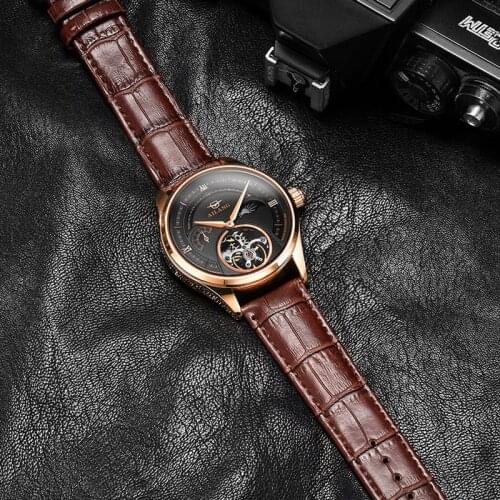NEW Automatic Mechanical Watches Mens Watches Top Brand Luxury Sapphire Genuine Leather Original Tourbillon Hollow Movement