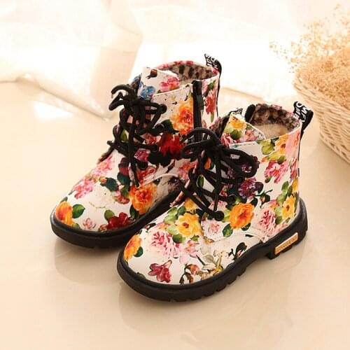 Sa Demeng Kids Girls Boots Floral Martin Botas Kids Rubber Sole Graceful Flower Print PU Leather Bottes Welcome Dropshipper