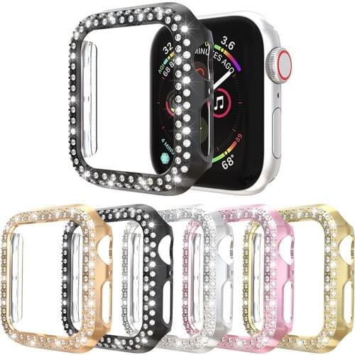Luxury Two Rows Diamond Women PC Protect Cover for Apple Watch Case Series 6 SE 5 4 3 Bling Bumper 40mm 44mm 38mm 42mm Shell