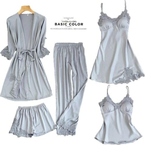 FZSLCYIYI Satin 5PC set Rayon Sleepwear Spring Long Sleeve Pajama Set With chest pad Sexy nightgown Casual Nightwear