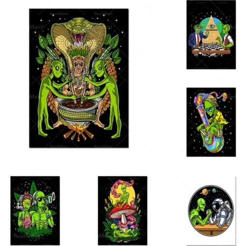 Space alien smoking weed canvas poster-hippie couple wall decoration-psychedelic holiday art prints-bedroom hemp decoration