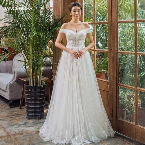 J66648 jancember wedding dress boho in lace off the shoulder lace up back floor length elegant bridal dress robe de mariee 2019