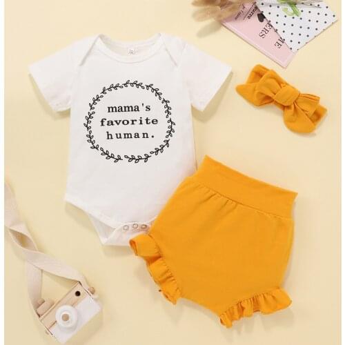 0-24Months mamas favorite human baby born clothes Baby Girls Letter Short Sleeve Romper Bodysuit+Solid Shorts Set princess M4