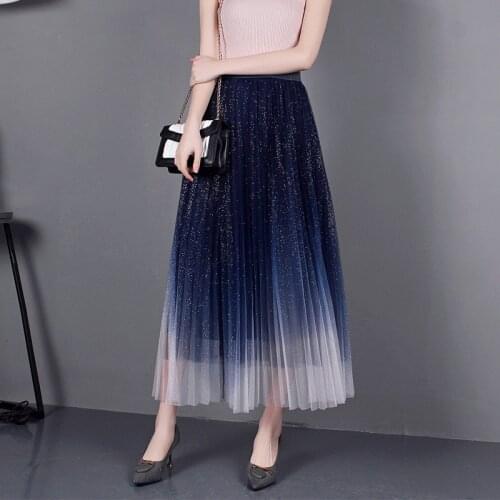 Korean Simple High Waist Pleated Skirt Women Spring Autumn Glittering Fairy Long Aline Skirt Women