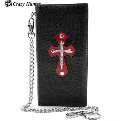 Red Cross gothic Male Leather Wallet Purse With Chain Man Card Holder