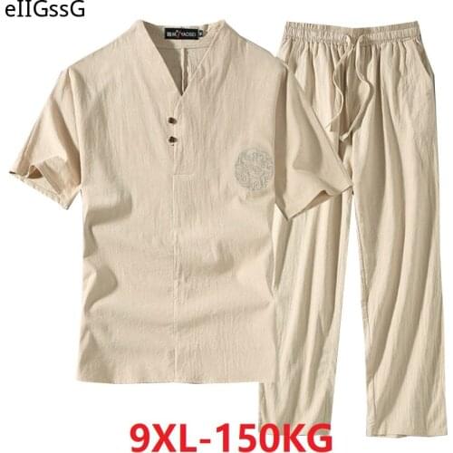 Mens Clothing Large Size Tracksuit Husband 2021 Summer Suit Linen t-shirt Fashion Male Set Chinese Style 8XL 9XL plus Two Piece