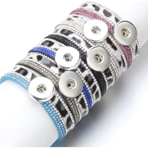 New Adjustable Snap Button Bracelet Bangle Crystal Rhinestone Bracelets Leopard Leather Bracelet Fit 18MM Snap Buttons Jewelry