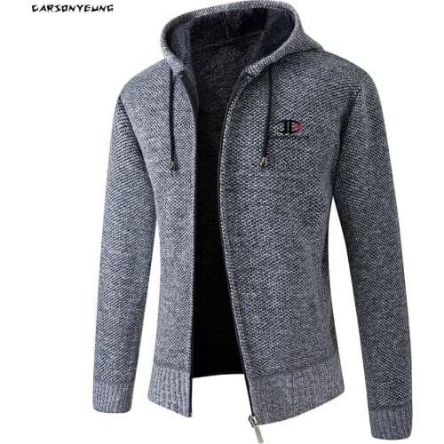 Autumn Winter Mens Sweater Coat Faux Fur Wool Sweater Jackets Men Hooded Zipper Knitted Thick Coat Wool Liner Knitwear Cardigan