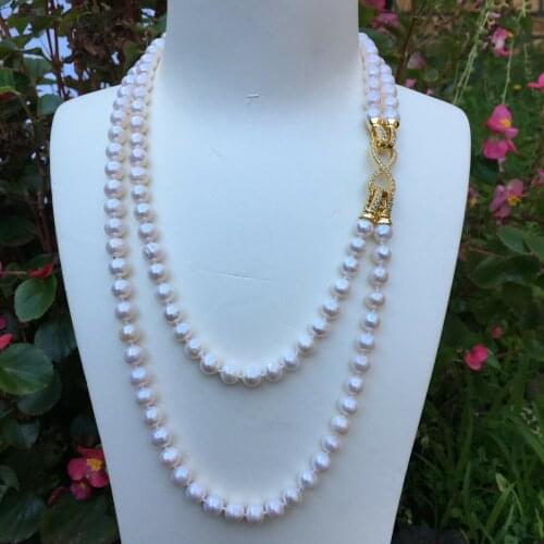 Hand knotted 2strands 7-8mm white freshwater collar pearl necklace long 45-55cm fashion jewelry