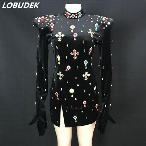 Sexy Black Velvet Multi-color Rhinestones Slit Short Dress Women Birthday Prom Wrap Hips Connect Gloves Outfits Singer Costume
