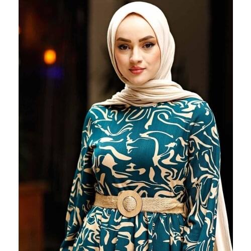 Straw Belt Wave Pattern Dress Turkey Muslim Fashion Hijab Islam Clothing dubai 2021