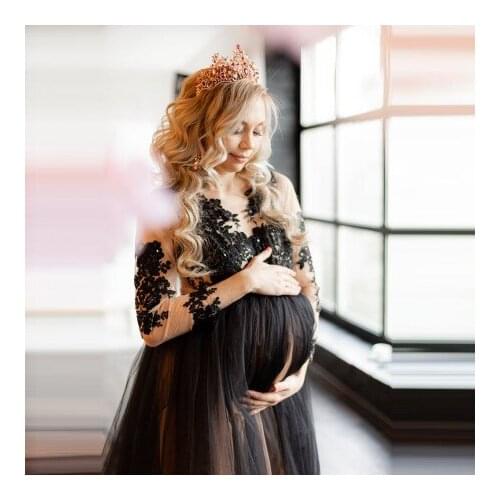 Elegant Black Lace Maternity Gowns Two Pieces Bodysuit Tulle Detachable Skirt Long Train Photo Shoot Pregnancy Dresses
